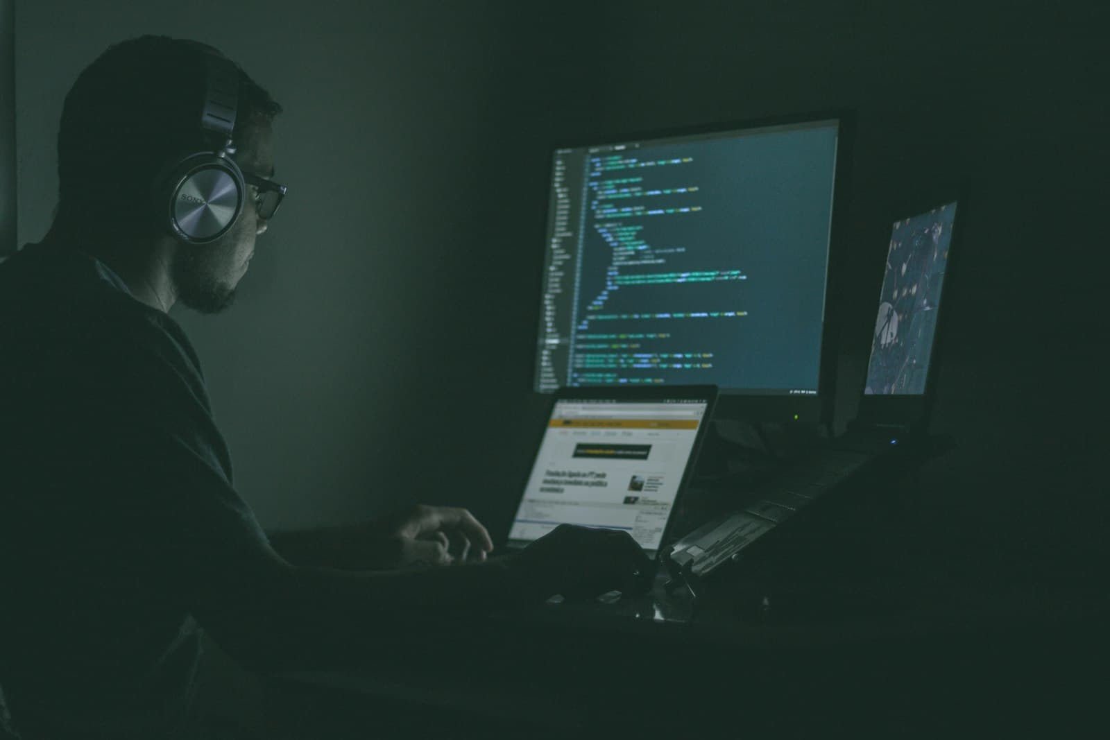 Security operator working across multiple laptops monitoring threat activity