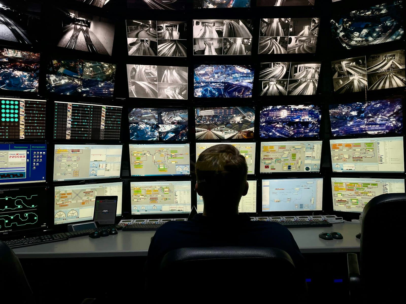 Security operations center with a wall of monitors