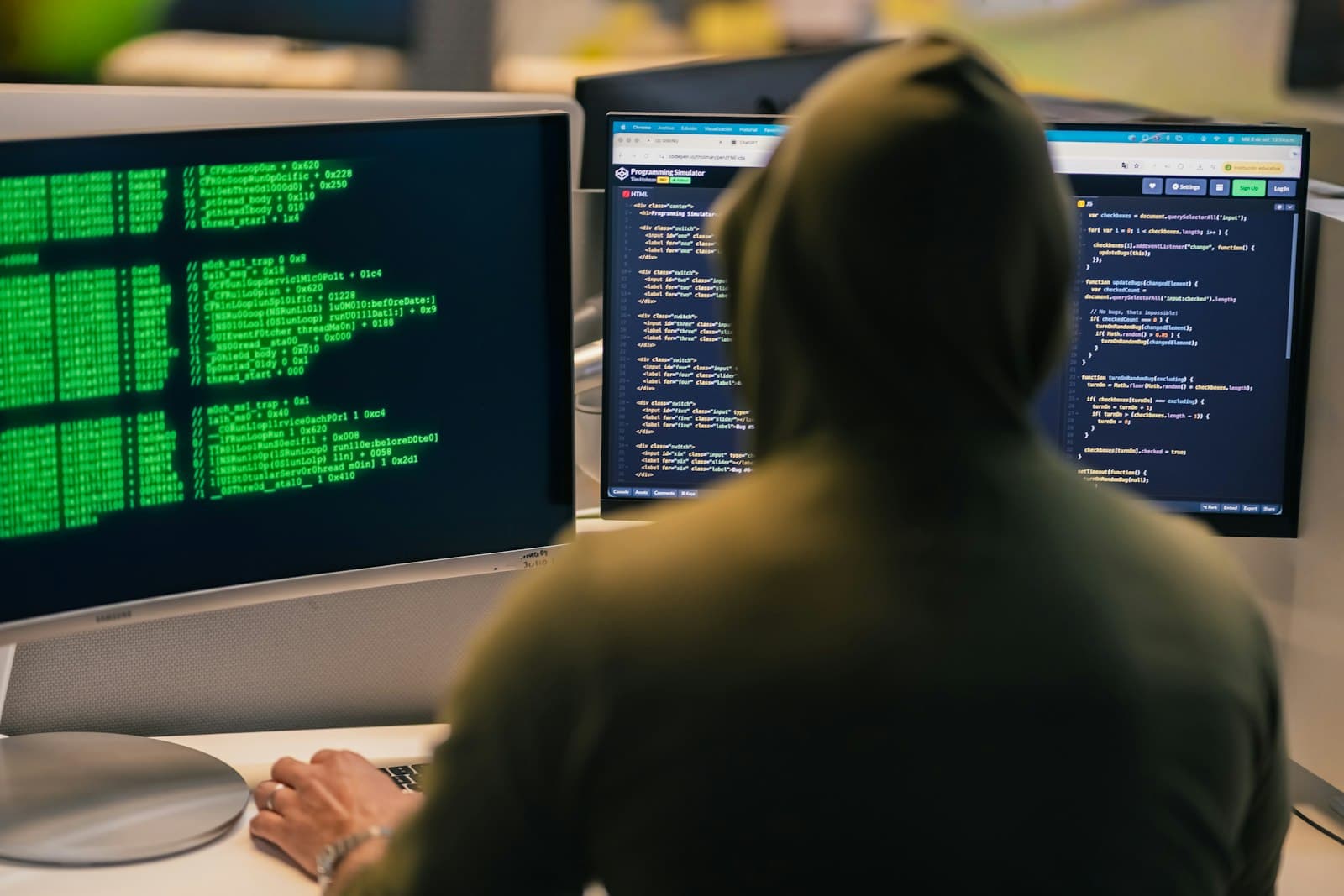 Hooded SOC analyst working at a dark workstation with multiple monitors