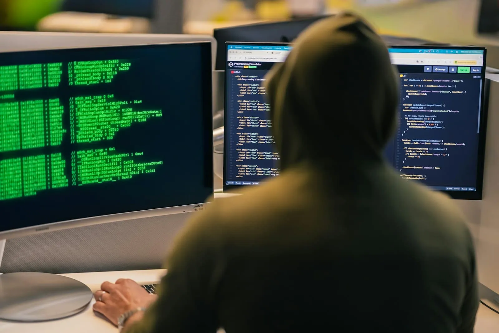 Hooded SOC analyst working at a dark workstation with multiple monitors