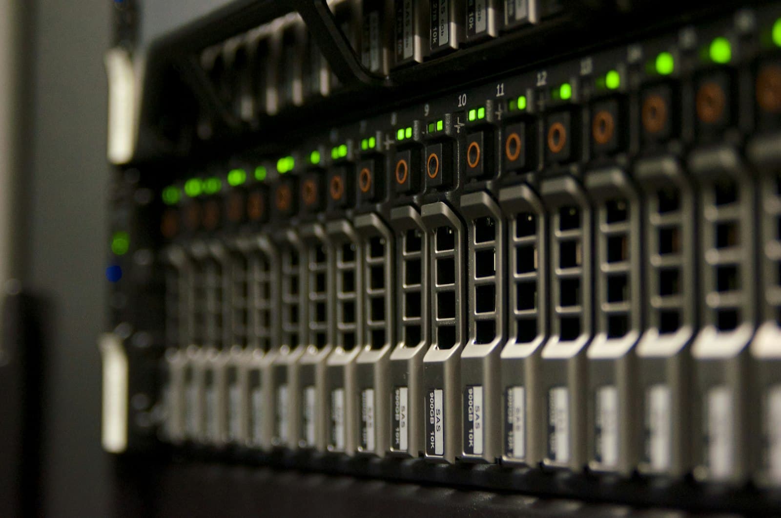 Server rack with blinking green status lights representing video storage hardware