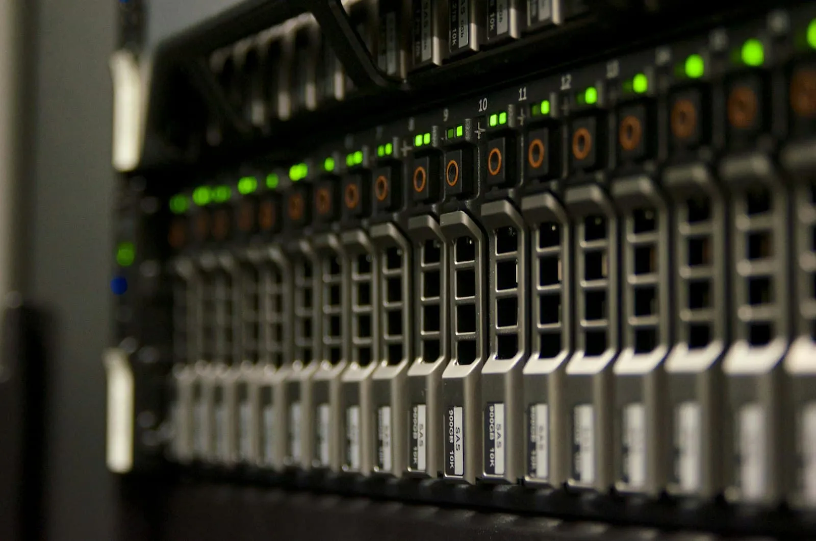 Server rack with blinking green status lights representing video storage hardware