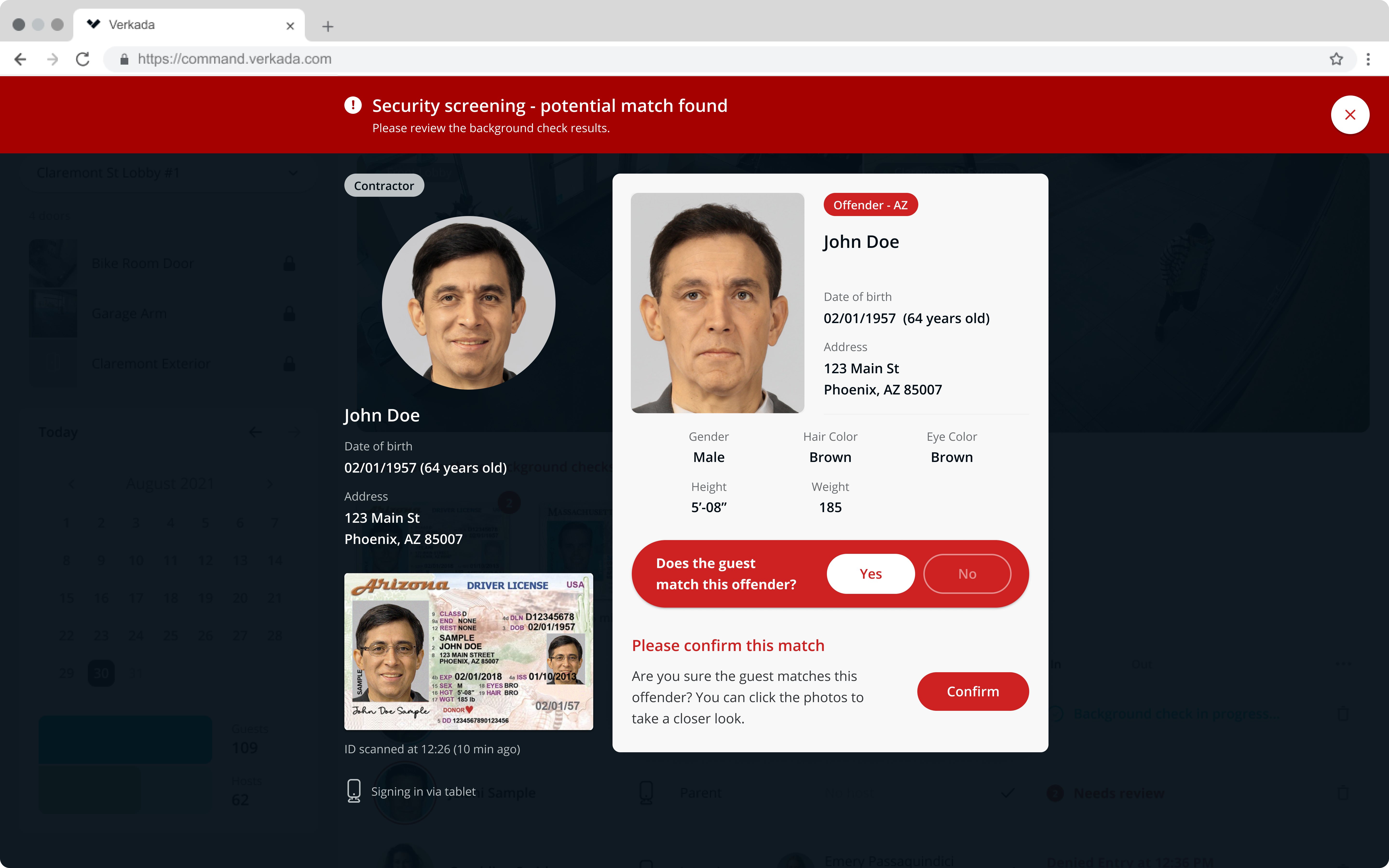 Verkada Workplace background check screen