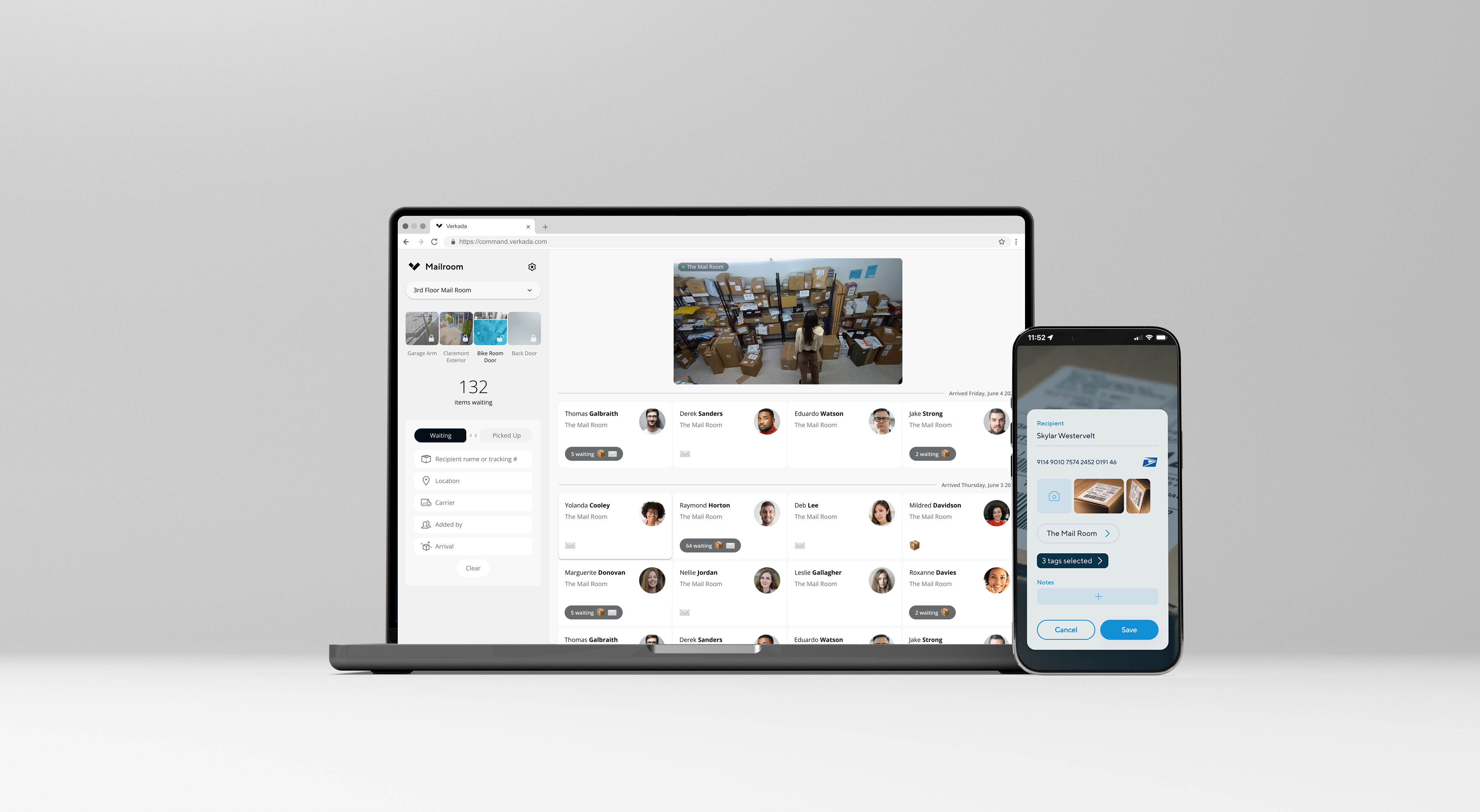 Verkada Workplace mailroom management on laptop and mobile
